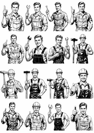 Handyman and Construction Worker Vector Set in Black and White Free Vector