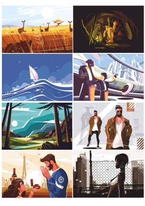 Diverse Vector Illustrations: Nature, Adventure, Futuristic, and Urban Scenes Free Vector