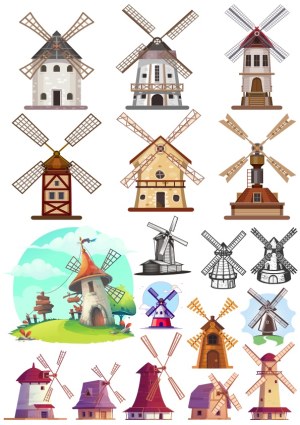Collection of Various Stylized Windmill Vector Illustrations Free Vector