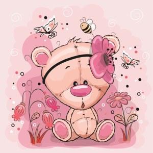 Cute Teddy Bear with Big Pink Flower Headband and Cartoon Insects Free Vector