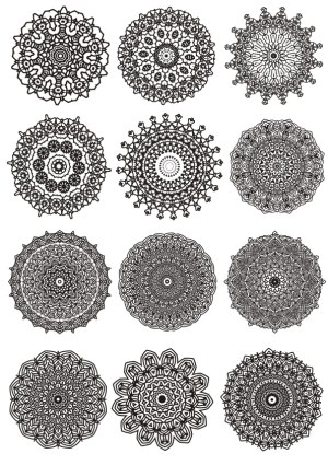 Set of 12 Intricate Black and White Mandala Designs Free Vector