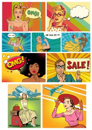 Retro Pop Art Comic Panels with Diverse Characters and Vintage Themes Free Vector
