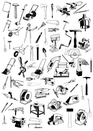 Set of Black and White Vector Illustrations of Gardening and Workshop Tools Free Vector