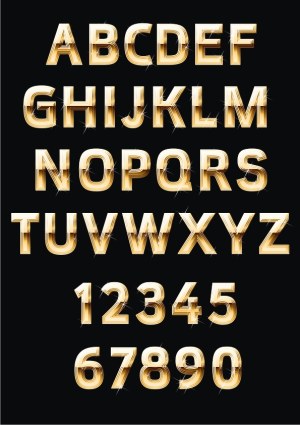 Gold Metallic Alphabet and Numbers Vector Set Free Vector