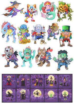 Vector Cartoon Halloween Monsters and Witch Scenes Set Free Vector