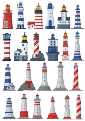 Collection of 24 Classic and Modern Lighthouse Vector Illustrations Free Vector