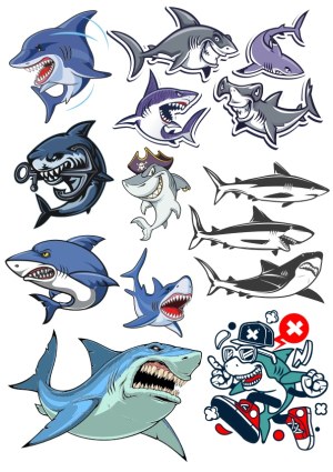 Shark Cartoon and Silhouette Vector Collection Free Vector