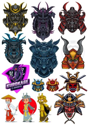 Collection of Samurai and Oni Mask Vector Illustrations Free Vector
