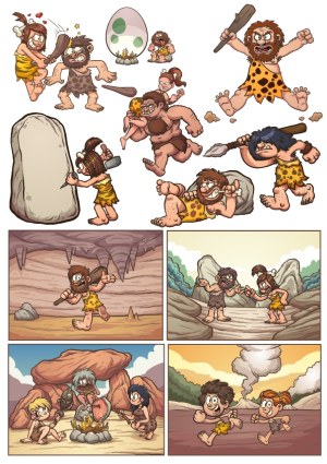 Cartoon Caveman and Cavewoman Activities Vector Set Free Vector