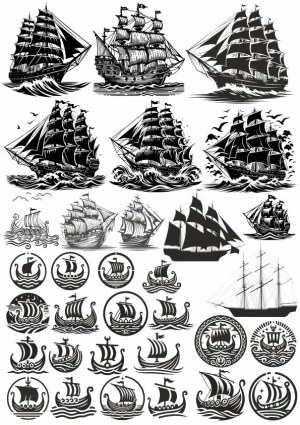 Collection of Black and White Sailing Ship and Viking Longship Vectors Free Vector