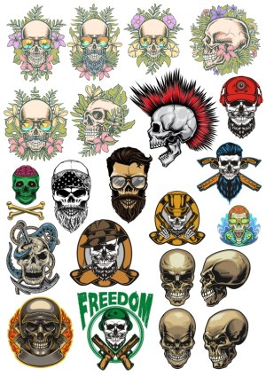 Collection of Stylized Skull Vector Illustrations with Various Themes Free Vector