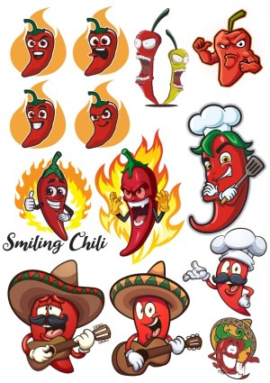 Cartoon Chili Peppers with Various Expressions and Costumes Free Vector