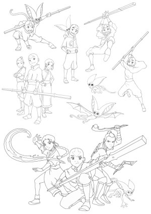Line Art Compilation of Animated Characters with Staffs and Wings Free Vector