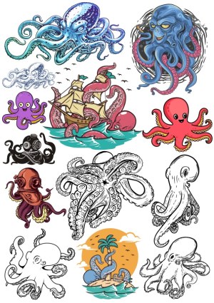 Collection of Unique Octopus Cartoon and Artistic Vector Illustrations Free Vector