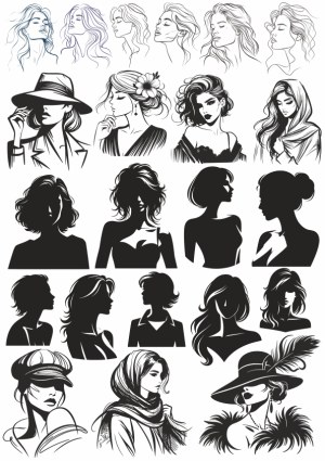 Elegant Female Portrait Silhouettes and Line Art Vector Set Free Vector