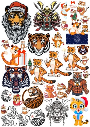 Tiger-Themed Vector Collection with Christmas and Samurai Designs Free Vector