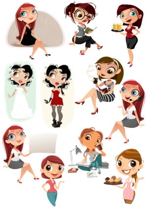 Set of Cartoon Women Characters in Various Activities Free Vector