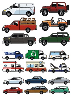 Collection of Various Vehicle Vectors Including Trucks, SUVs, Emergency and Service Vehicles Free Vector