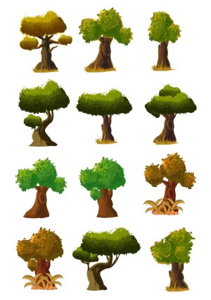 Collection of Stylized Vector Trees with Varied Shapes and Foliage Free Vector