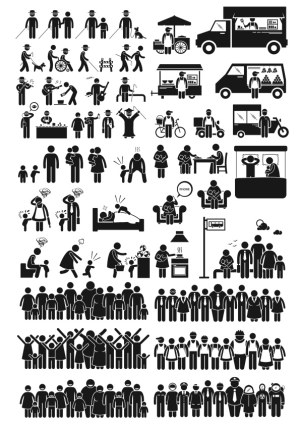 Diverse Life Situations and Family Stick Figure Icons Free Vector