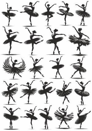 Set of Black Silhouette Ballet Dancer Poses Free Vector