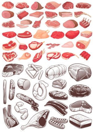 Variety of Meat Cuts and Sausages Vector Illustrations Free Vector