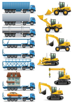 Vector Set of Various Cargo Trucks and Construction Vehicles Free Vector