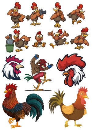 Cartoon Rooster and Chicken Characters with Various Expressions and Poses Free Vector