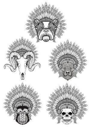 Intricate Tribal Feather Headdress Animal and Skull Illustrations Free Vector