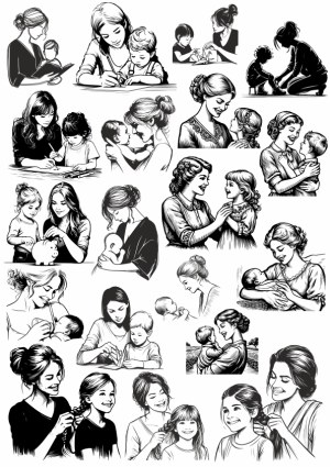 Black and White Vector Illustrations of Mothers with Children Free Vector