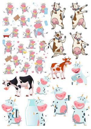 Collection of Cartoon Cow Characters in Various Poses and Activities Free Vector