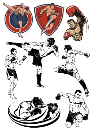 Martial Arts Fighters in Various Boxing and Kickboxing Poses Free Vector