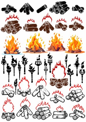 Variety of Campfire and Torch Vector Illustrations Free Vector