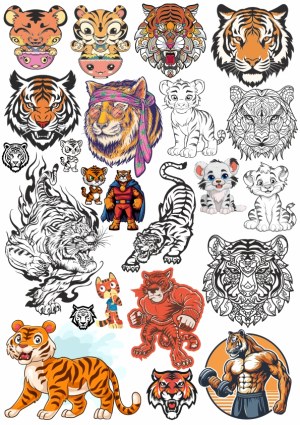 Diverse Collection of Tiger-Themed Vector Illustrations and Cartoons Free Vector