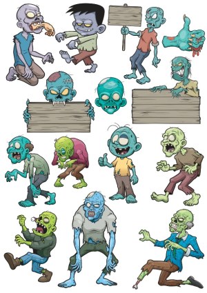 Cartoon Zombie Characters and Wooden Signboards Vector Set Free Vector