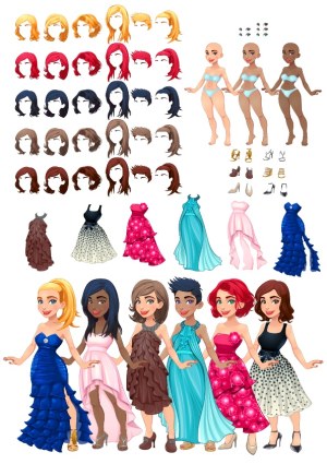 Vector Female Characters with Customizable Hairstyles, Skin Tones, Dresses, and Accessories Free Vector