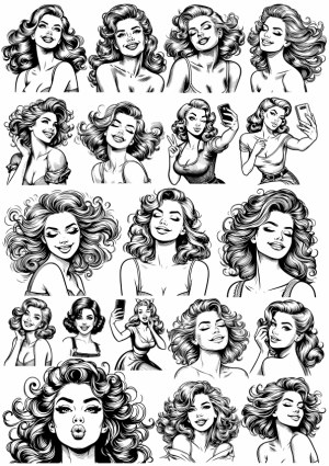 Set of Black and White Retro Women Portraits with Various Expressions and Hairstyles Free Vector