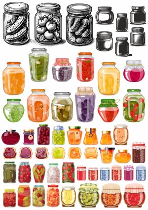 Collection of Various Jam, Pickle, and Preserved Fruit Jars Free Vector