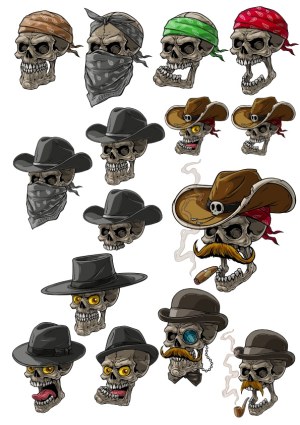 Western Skull Characters with Bandanas, Cowboy Hats, and Accessories Free Vector