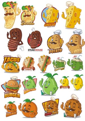 Cartoon Food Characters Set with Burrito, Cheese, Steak, Potato, Tacos, Sandwich, Coconut, Burger, Guava, Lemon, Orange, and Cookie Free Vector