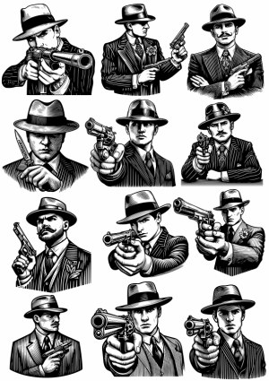 Vintage Gangster Men Illustration Set with Guns and Fedoras Free Vector