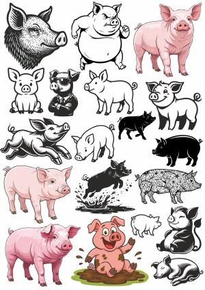 Collection of Various Cartoon and Realistic Pig Illustrations Free Vector