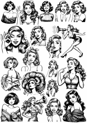 Black and White Retro Women Portraits and Gestures Line Art Free Vector