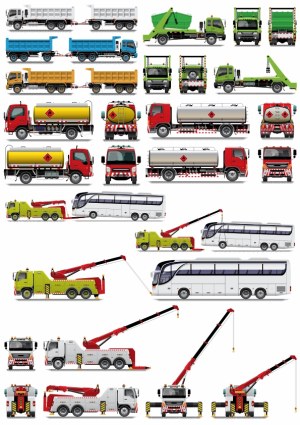 Detailed Vector Illustrations of Various Utility Trucks and Bus with Multiple Views Free Vector