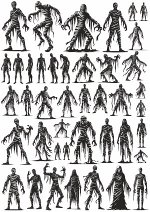 Set of Black and White Mummy Silhouettes in Various Poses Free Vector