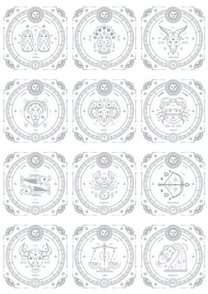 Detailed Line Art Zodiac Signs Collection with Astrological Symbols Free Vector