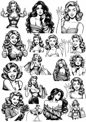 Collection of Vintage Style Women Expressions and Poses Vector Illustrations Free Vector