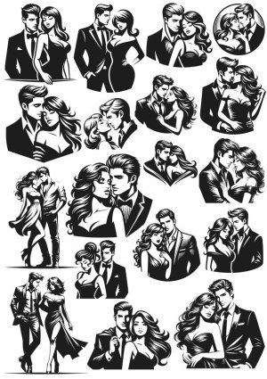 Elegant Couples in Formal Attire Black and White Vector Set Free Vector