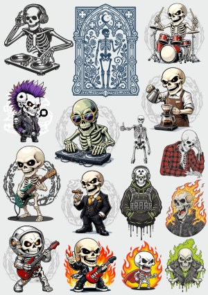 Collection of Skeleton Characters in Various Rock, Music, and Urban Styles Free Vector