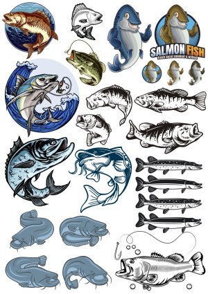 Collection of Sport Fish and Fishing Vector Illustrations Free Vector